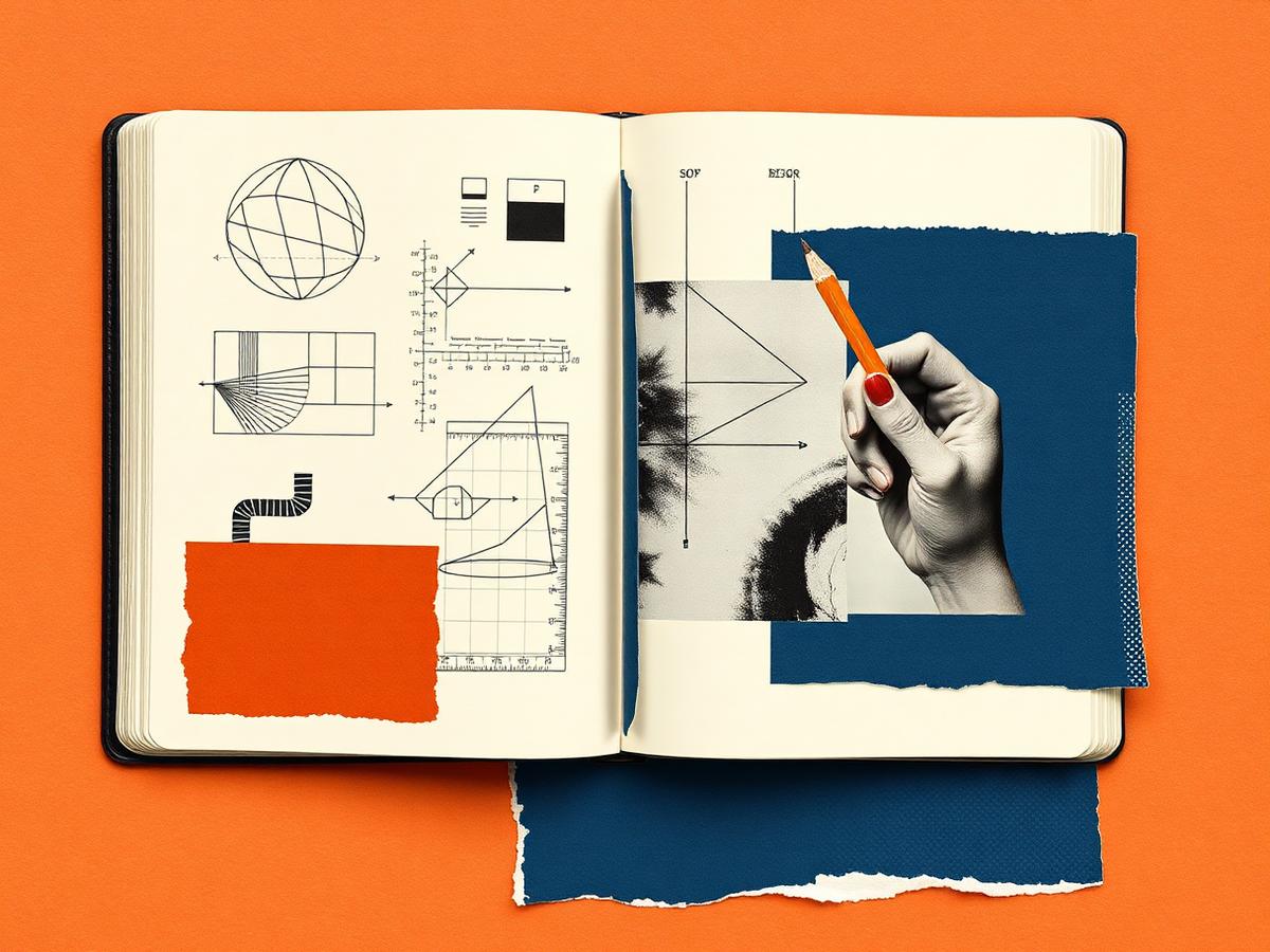 Notebook with diagrams and a hand drawing